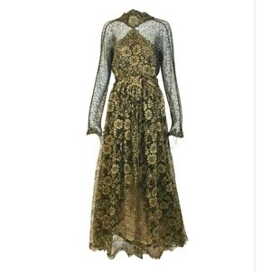 Vintage Geoffrey Beene Olive Green Floral Lace Long Sleeve Maxi Dress